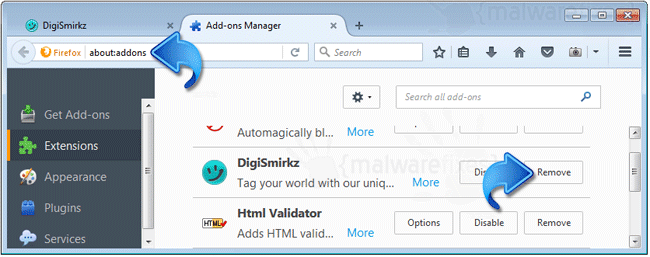 Delete DigiSmirkz Firefox Extension