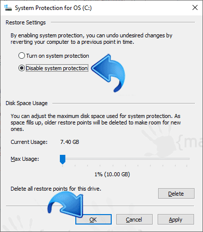 Image to disable System Restore