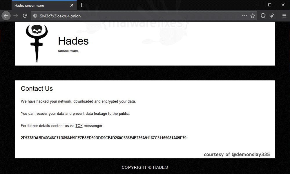 Screenshot of Hades ransomware information