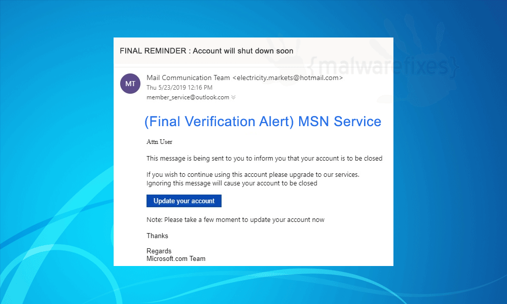 Screenshot of fake FINAL REMINDER email