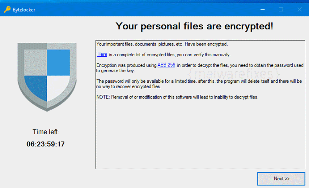 Screenshot of Bytelocker virus