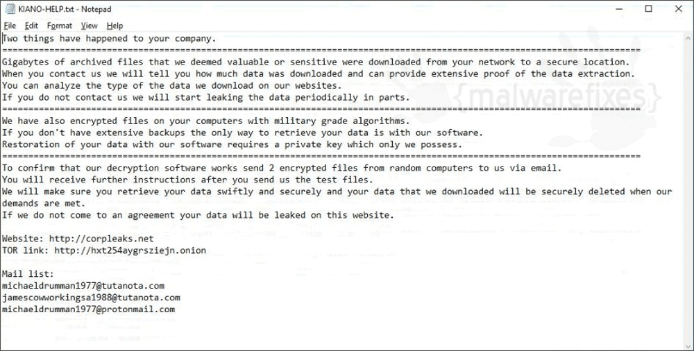Screenshot of KIANO ransom note