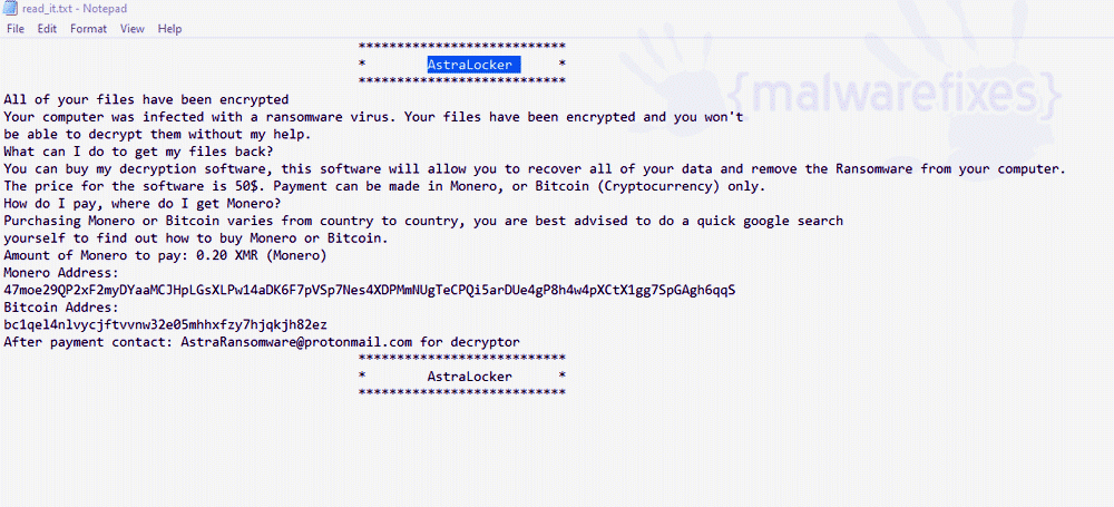 Screenshot of AstraLocker ransom note