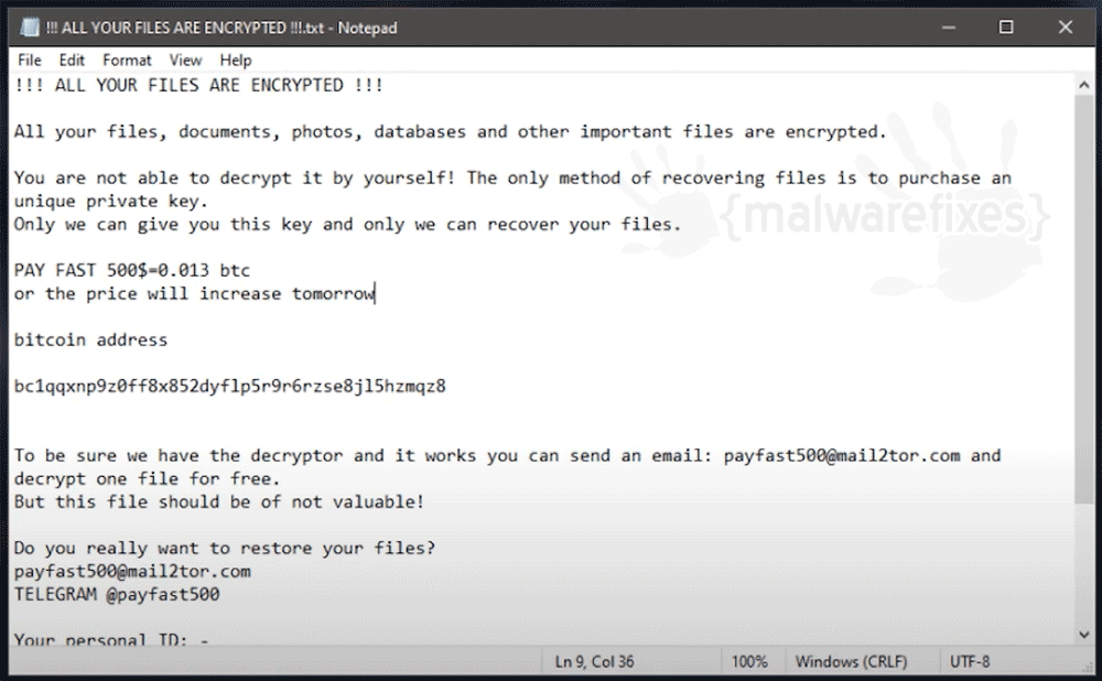 Screenshot of Payfast ransom note