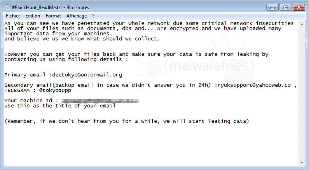 Screenshot of BlackHunt Ransom Note