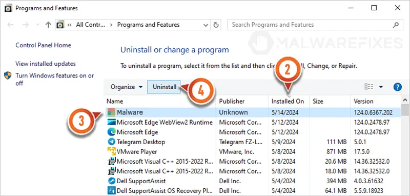 Program and Features Window Uninstall Window